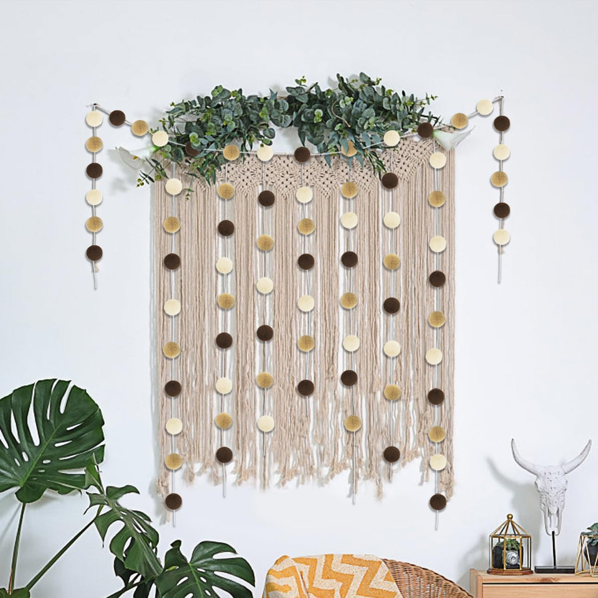 Jishi Pom Pom Garland Boho Party Decorations, 3-Pack Brown Khaki Beige Felt Ball Garland Cute Pastel Rainbow Pompom Strings, Christmas Birthday Wedding Rustic Boho Home Decor Supplies, Xmas Tree Decor