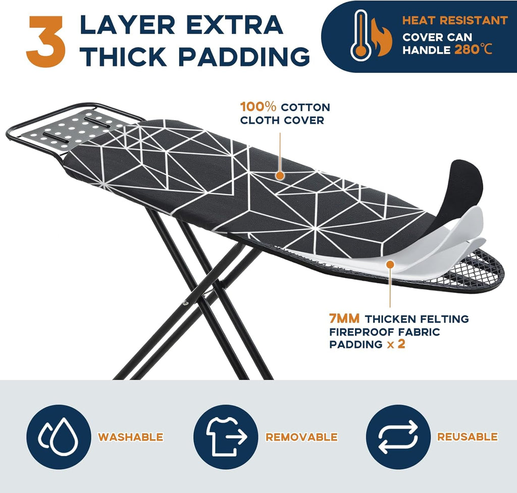 Ironing Board 43x13, Compact Iron Board Full Size with Heavy Duty Iron Rest, Thick Padded Cover, Adjustable Height, Sturdy Lightweight Steel Legs, Black