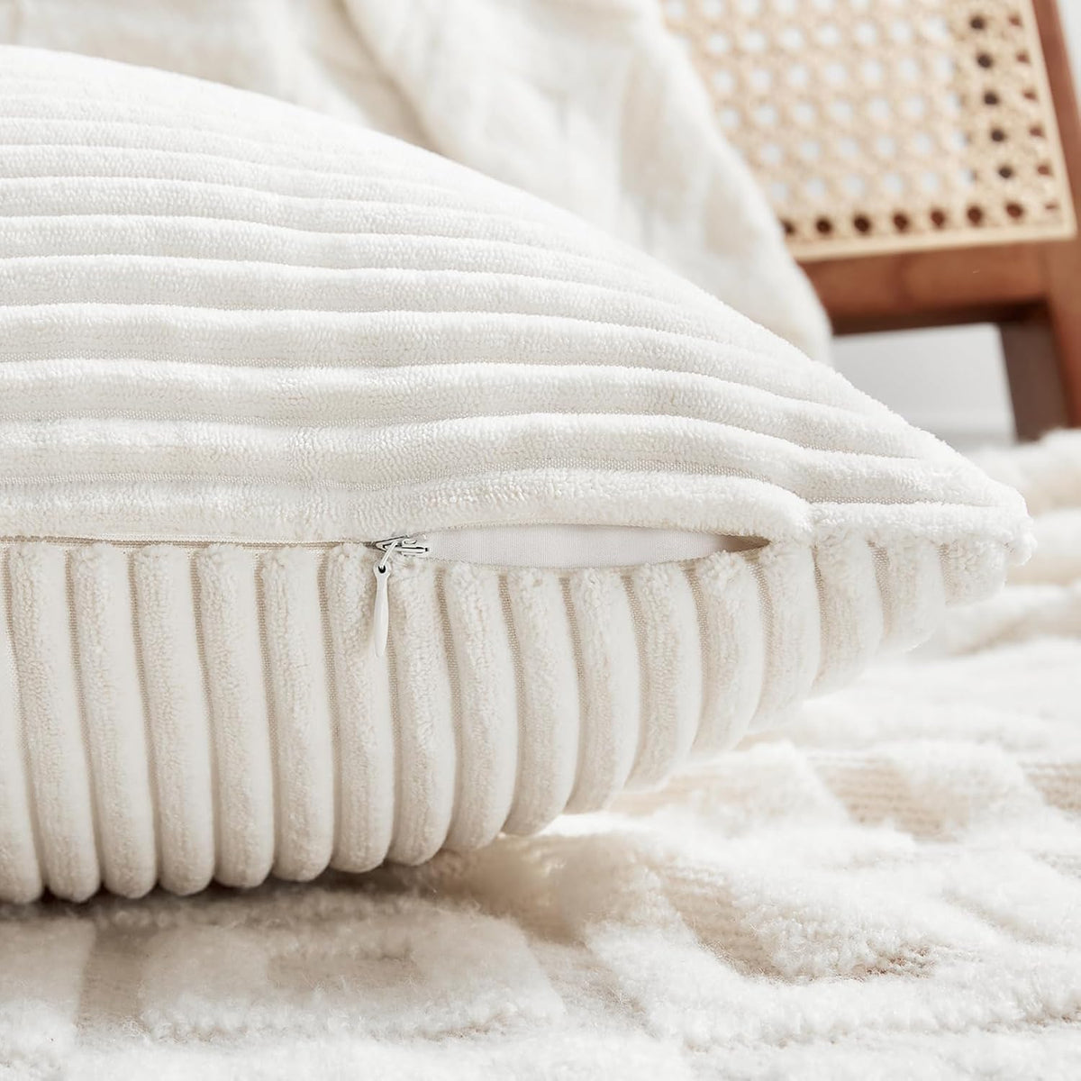 Fancy Homi 2 Packs Cream White Euro Decorative Throw Pillow Covers 28x28 Inch for Couch Bed Sofa, Farmhouse Boho Home Decor, Soft Corss Corduroy Patchwork Textured Square Cushion Case 71x71 cm
