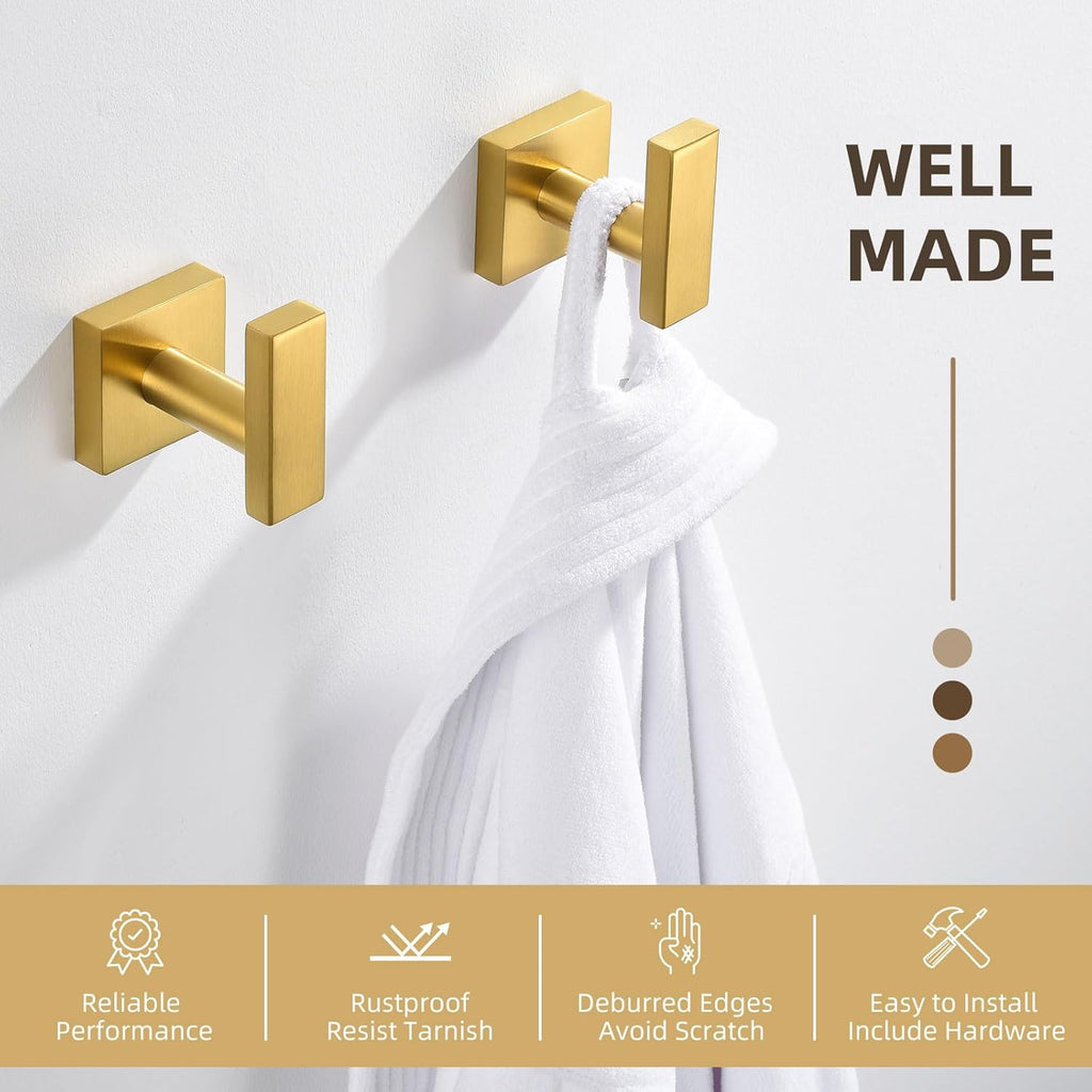 Angle Simple Towel Hooks for Bathroom, SUS 304 Stainless Steel Square Robe Coat Wall Hooks, Hand Towel Holder, Brushed Gold, 2 Pack