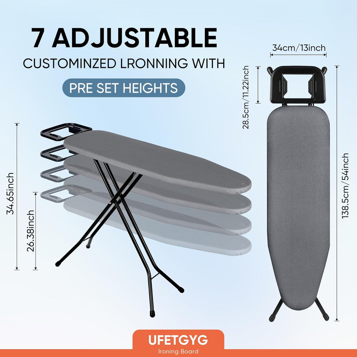 Classic Ironing Board 43" X 13" W/with Iron Rest | Full Metal Construction| Height Adjustable | Heat & Scorch Resistant Fabric | Anti-Skid Feet | Easy to Fold (Dark Grey)