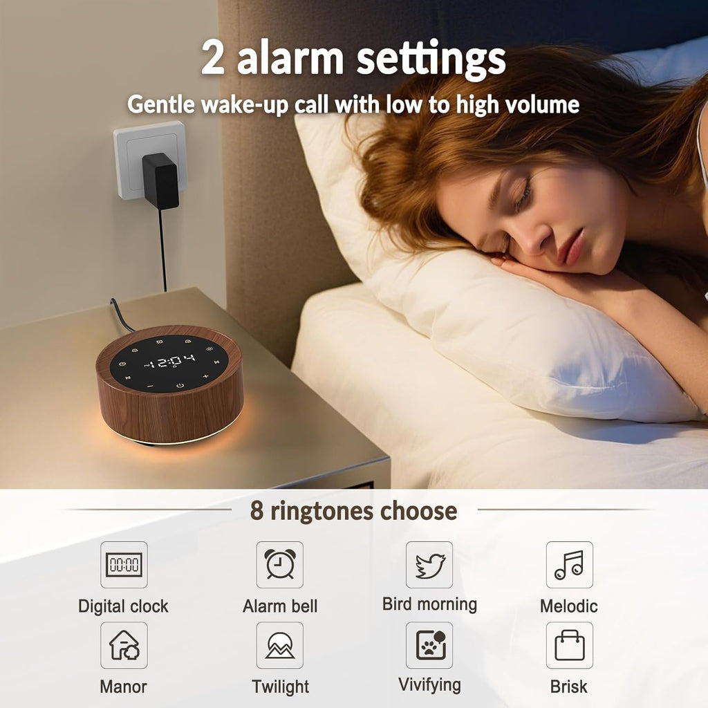 White Noise Sound Machine Alarm Clock 7 Color Night Light Sound Machine for Adult/Baby 20 Soothing Sound 31 Level Volume 6 Level Screen Brightness 5 Timer Set Memory Function Touch Control Wood Grain
