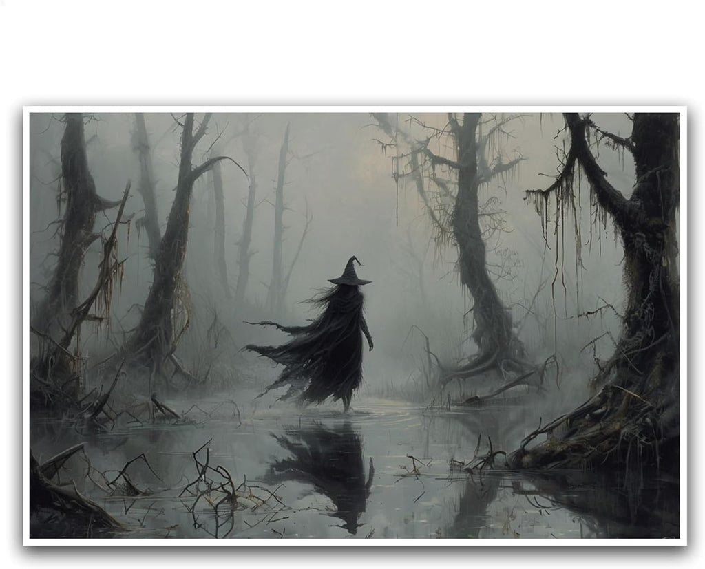 JFHCQJPK Vintage rustic swamp witch poster dark moody wall art gothic horror season halloween print for home decor retro dark moody painting16x24in Frameless