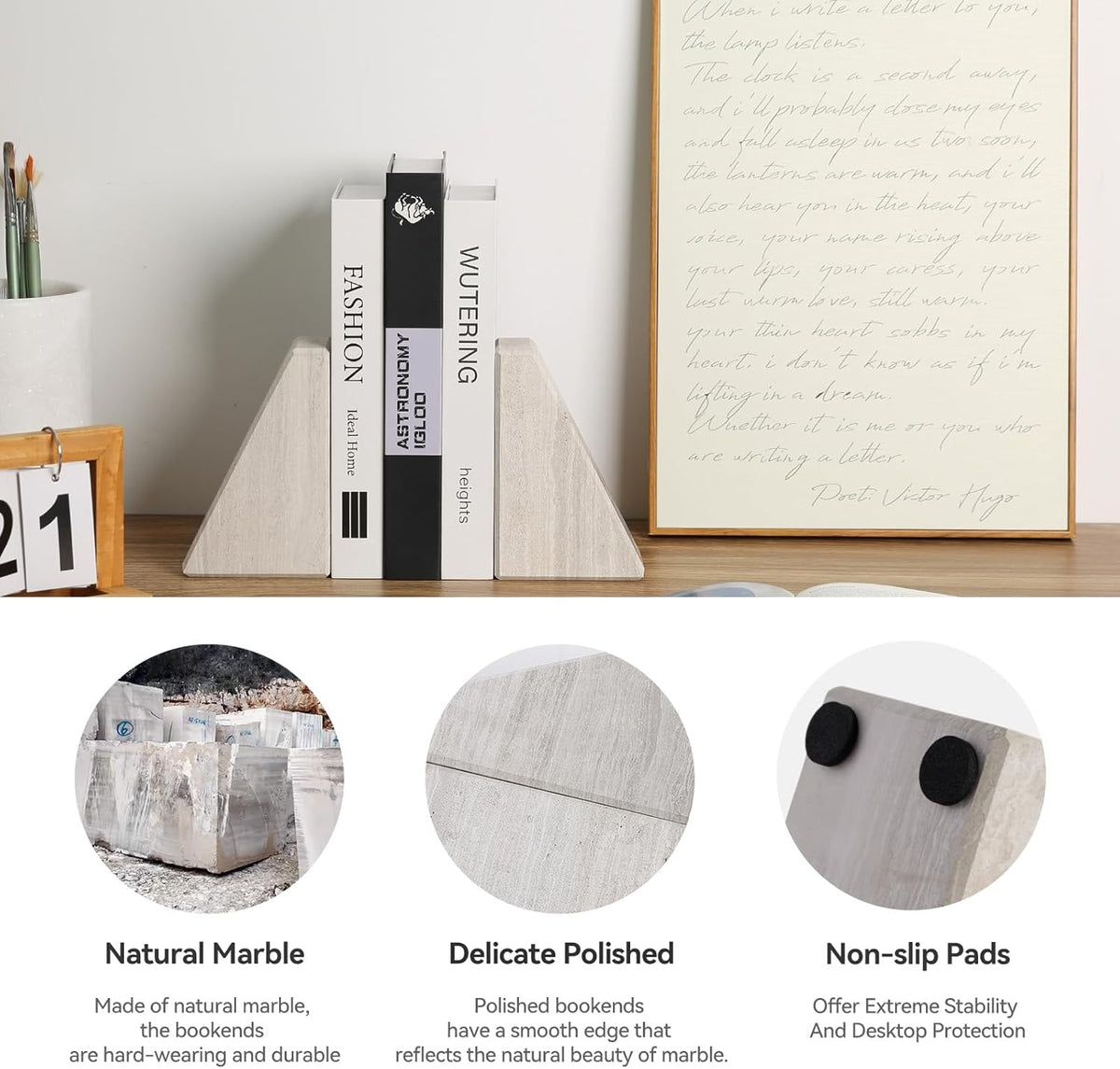 Marble Book Ends for Heavy Books, Decorative Bookends for Shelves, Durable and Heavy-Duty Bookends for Hardback Book & CDS, Off-White Unique Books Stopper & Holder, Set of 2