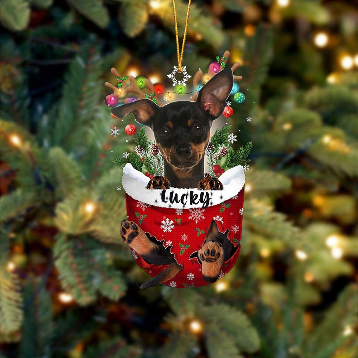 Miniature Pinscher Christmas Ornament - Dog in Snow Pocket Tree Decoration - Xmas Gift Idea for Dog Lovers