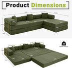 108" Oversized Convertible Sleeper Sofa Bed, Corduroy L Shape Sectional Couch, Folding Sofa Bed with Side Pocket, Modern Cloud Floor Mattress Couch, Modular Sofa for Living Room, Green