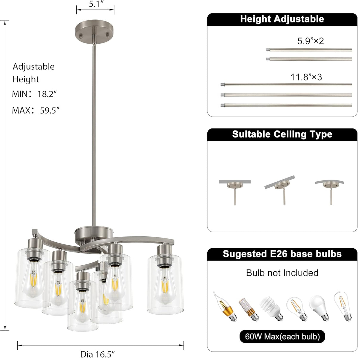 6 Light Modern Brushed Nickel Pendant Light Fixture For Dining Room，Contemporary Kitchen Light Fixtures Brushed Nickel，Adjustable Height Farmhouse Dining Chandeliers Over Table，With Glass Shade