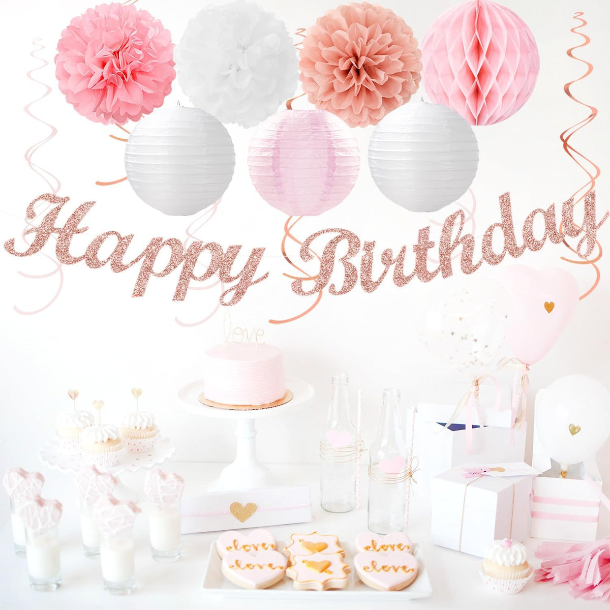 Pink White Rose-Gold Birthday Party-Decorations - 21pcs Happy Banner, Paper Lanterns,Tissue Pom Poms Flower Fan,Honeycomb Ball,Swirl Streamers Garland Supplies Decor Girls Women Huglony