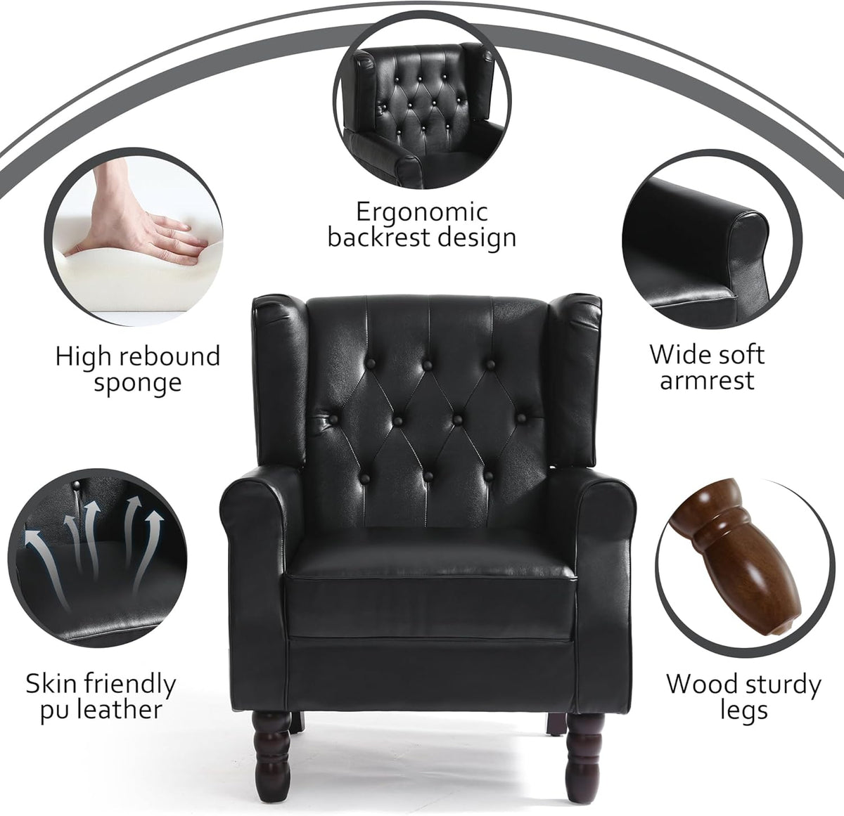High Back Accent Chair,Upholstered Faux Leather Wingback Armchair with Solid Wood Legs for Small Spaces,Comfy Single Sofa Chair for Living Room,Bedroom,Office-Black