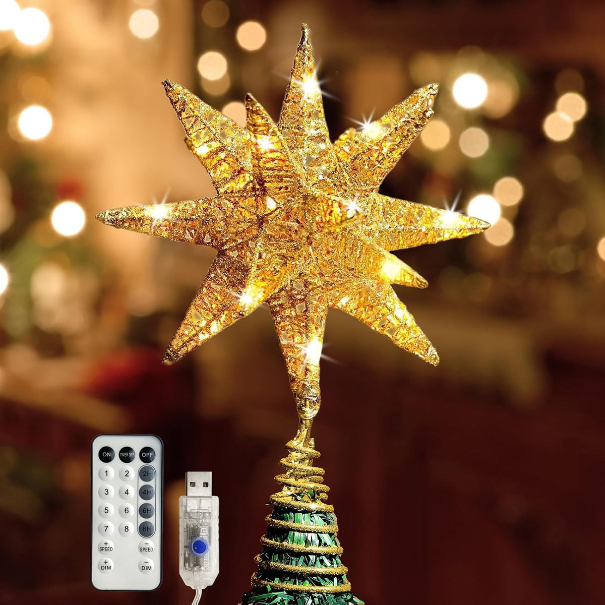 Christmas Star Tree Topper Gold, Tree Topper Star with Warm White 50 LED Light Beads for Home Holiday Xmas Tradition Moravian Decor, Timer Function 5m Cable