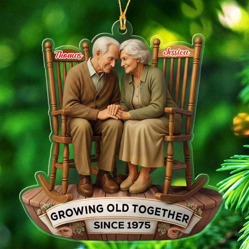 Personalized Growing Old Together Christmas Ornament 2025, Old Couple Sitting On Rocking Chairs Shaped Ornament Gift for Parents Grandparents,Custom Text Name Mr Mrs Ornaments for Wedding Anniversary