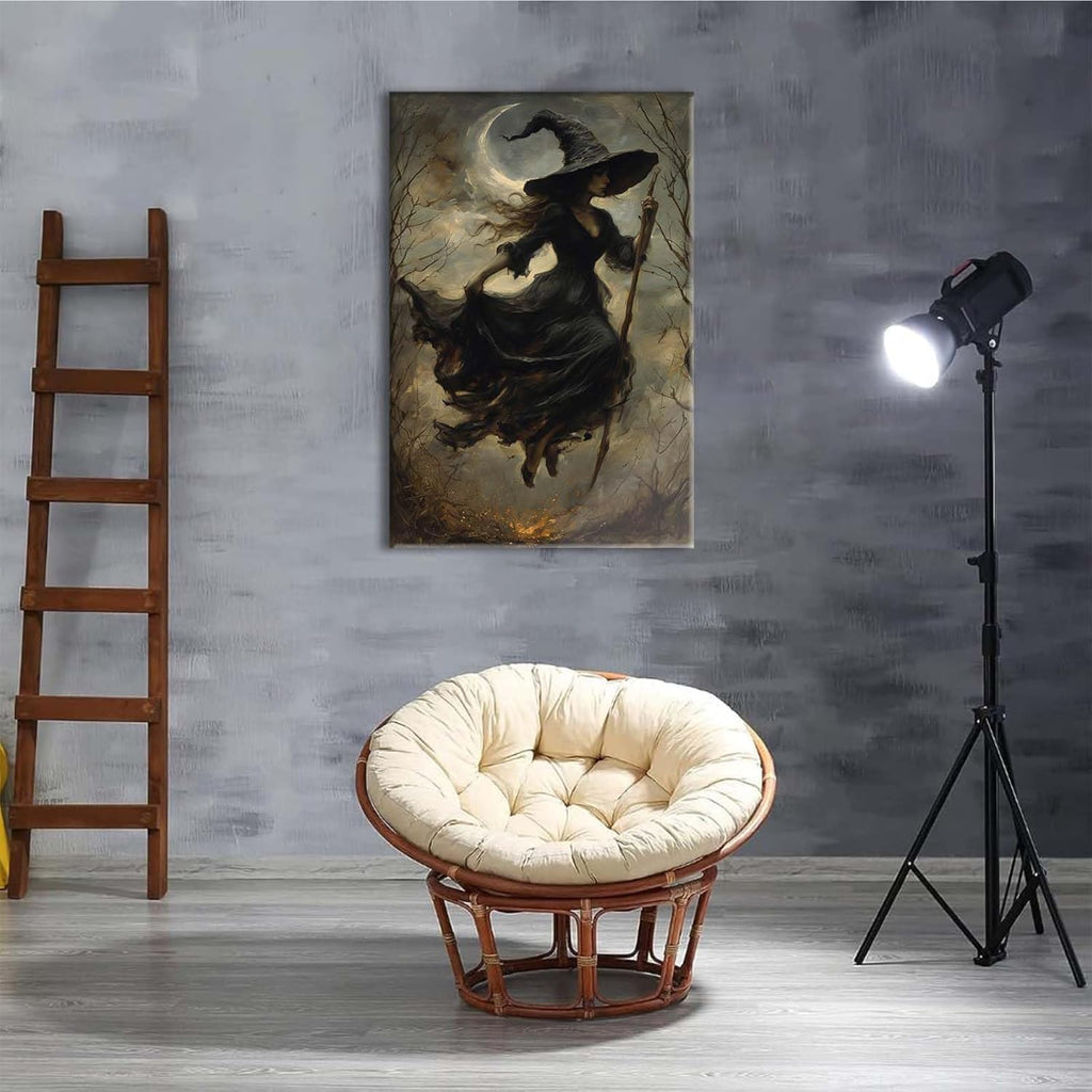 Witch in the Forest Halloween Print Wall Art Poster Witch Decor Vintage Print Dark College Wall Art Victorian Gothic Room Decor Canvas Wall Print12x16in Wood Framed