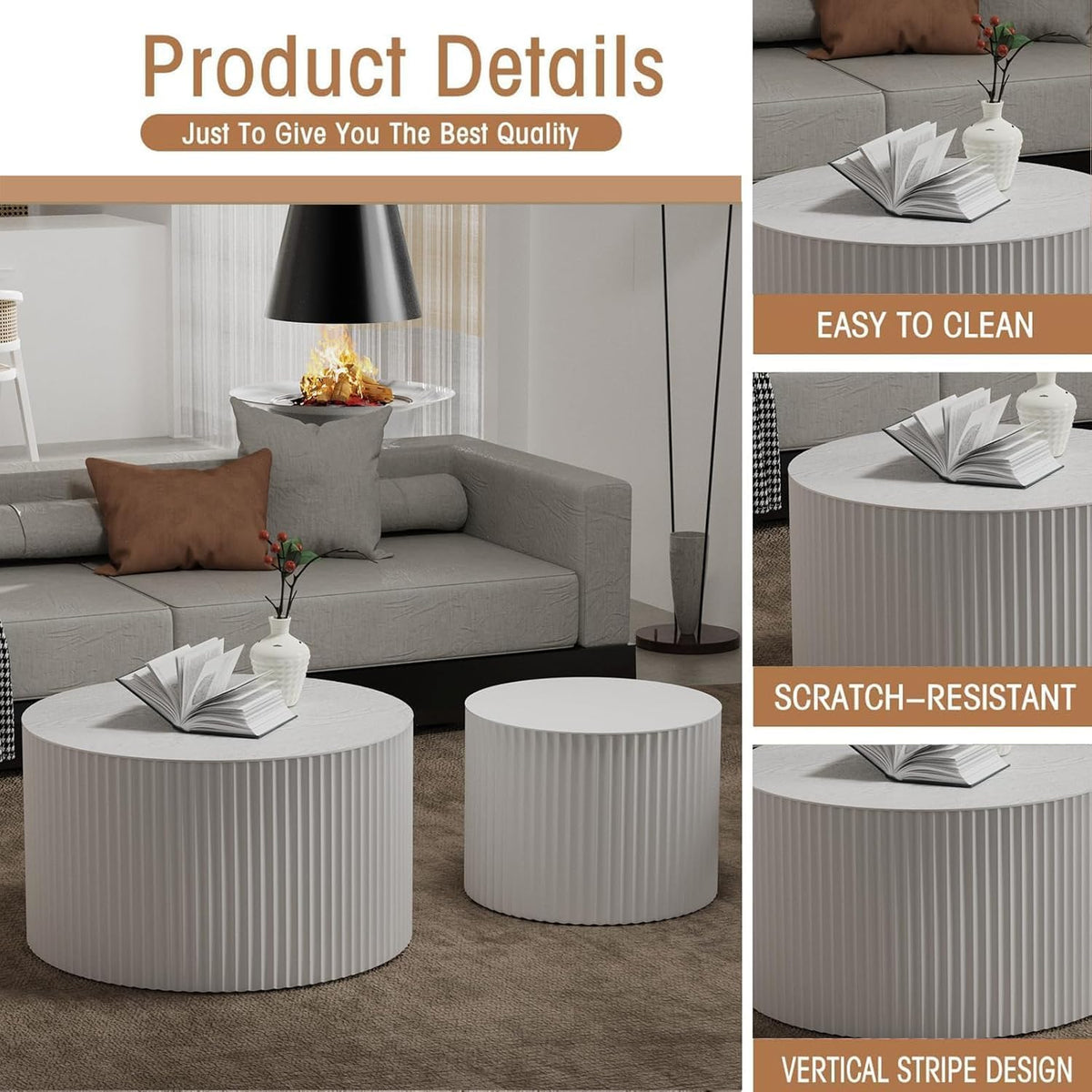 Round Coffee Table Set of 2, Nesting Coffee Table and End Table Set Small Circle Drum Side Table for Living Room Office, No Assembly (B White Large)