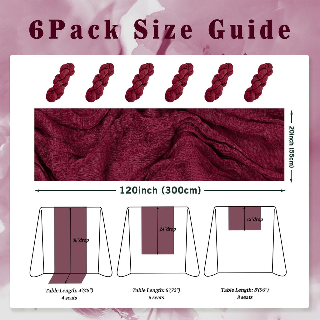 Burgundy 6 Pack Cheesecloth Table Runner 10FT Rustic Gauze Cheese Cloth Table Runner for Wedding Bridal Baby Shower Table Decor 20 x 120 Inch Long Boho Fabric Sheer Birthday Party Table Decorations