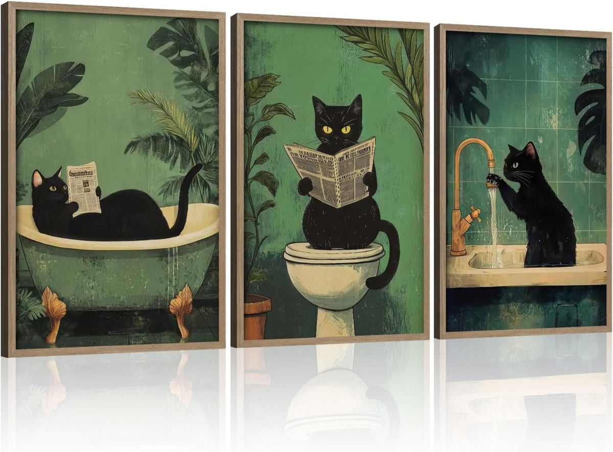 3Pcs Wooden Frame Cute Black Cat Bathroom Wall Art Modern Style Canvas Prints Funny Posters Pictures Decorative Paintings Artworks Suitable for Living Room Bedroom Bathroom Gallery Style Design 12x16In