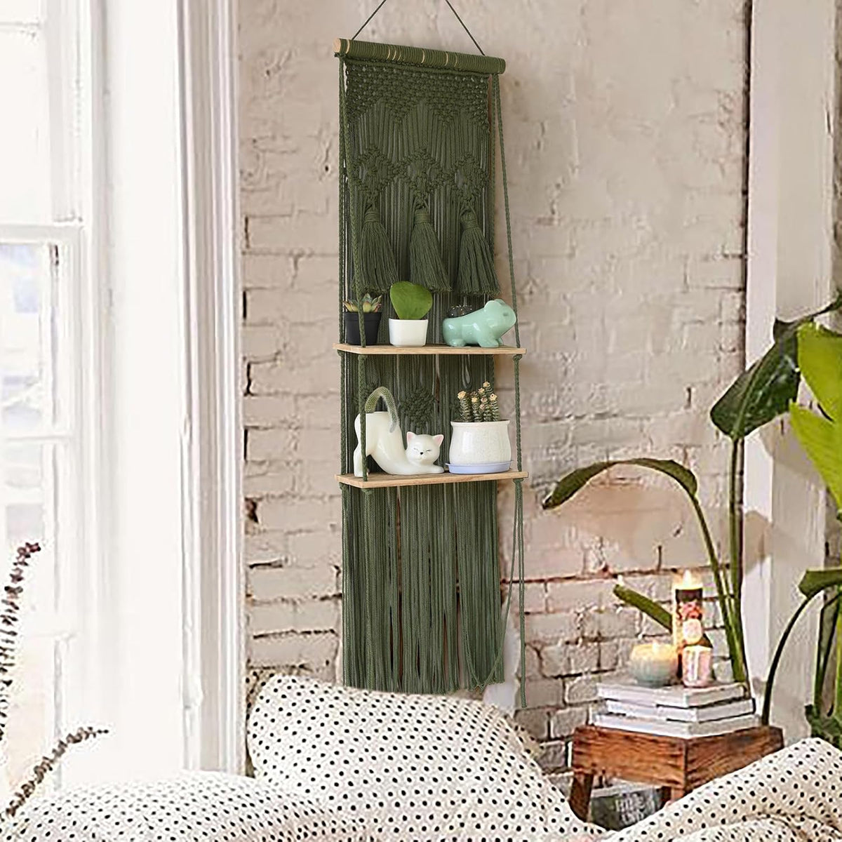 Hanging Shelf Macrame Wall Hanging Green Boho Shelfs with Tassels 2 Tier Floating for Plants Bedroom Dorm Living Room Wall Decor Rustic Wooden Organizer(Wood)