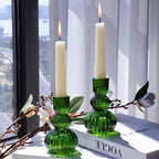Woho Green Taper Candle Holders Set of 3 for Christmas Decorations, 4.3" H Ribbed Glass Candlestick Holders for Spring Wedding Table, Vintage Candle Sticks Holder Decor Home Decor