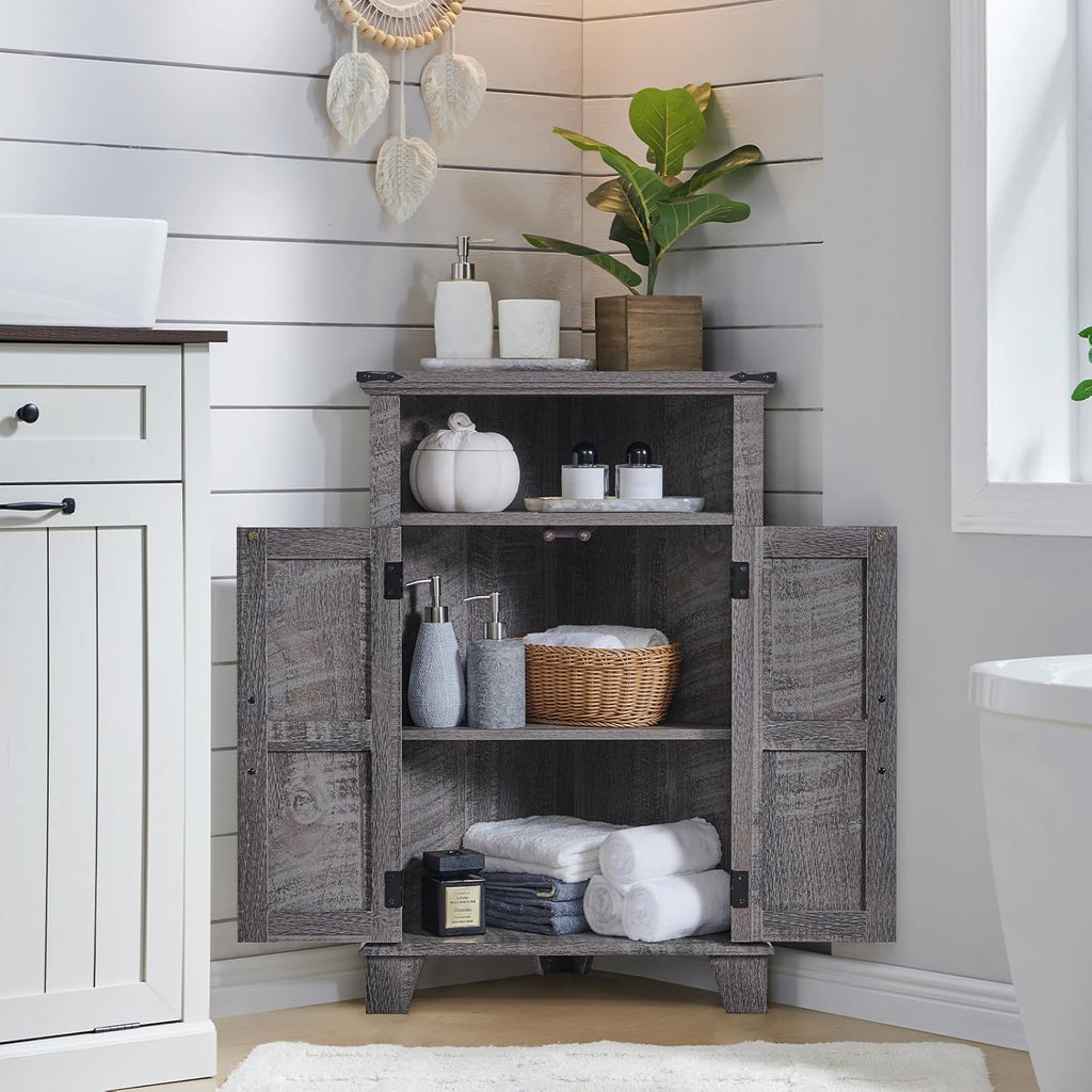 Corner Bathroom Cabinet, Farmhouse Small Corner Cabinet with Barn Door & Adjustable Shelf, Storage Cabinets for Bathroom, Kitchen, Living Room, Grey Wash