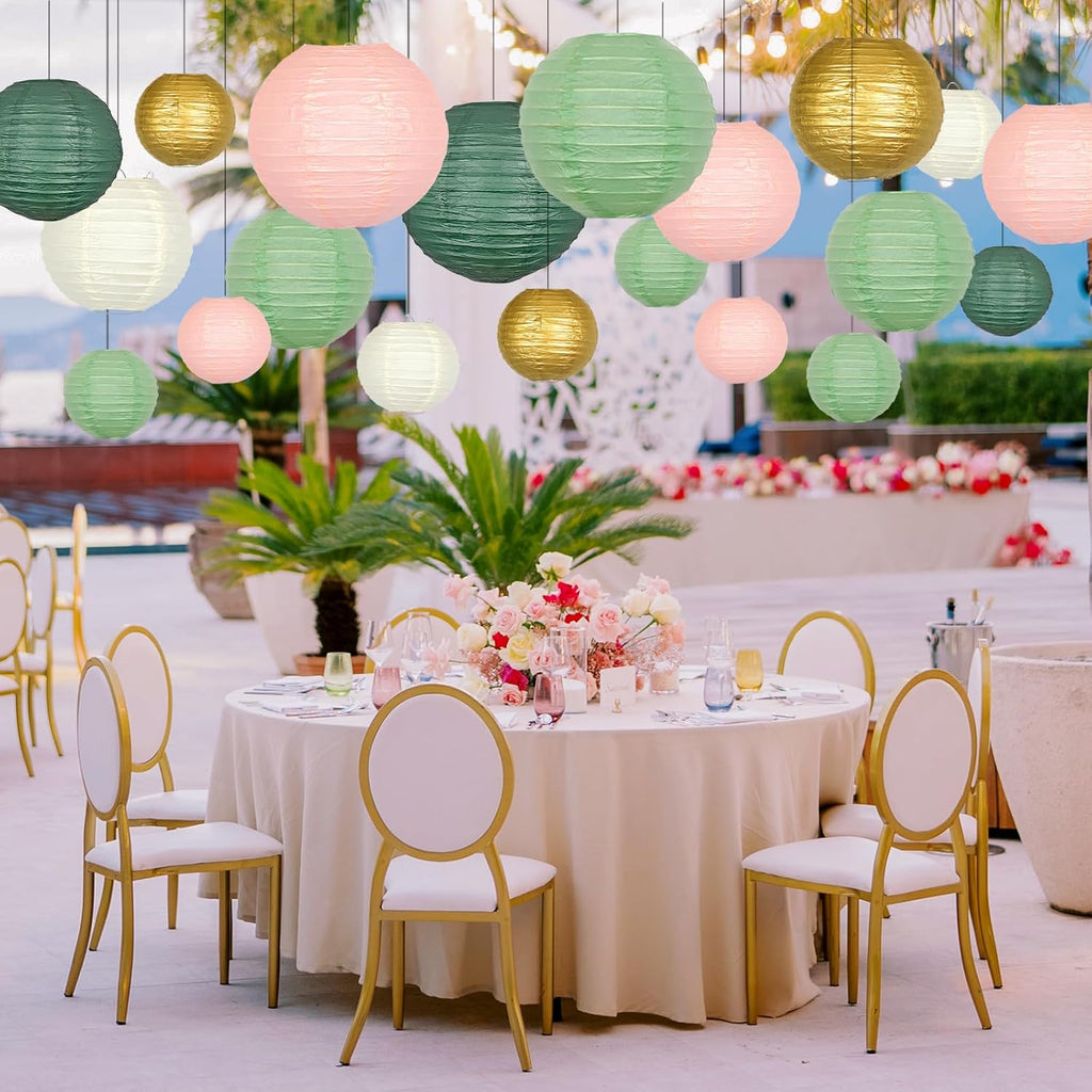 ADLKGG Paper Lanterns Decorative, Round Hanging Paper Lanterns Decorations for Graduation Bridal Shower Wedding Birthday Neutral Baby Shower Decorations Home Decor Sage Green/Pink/Gold 21pcs