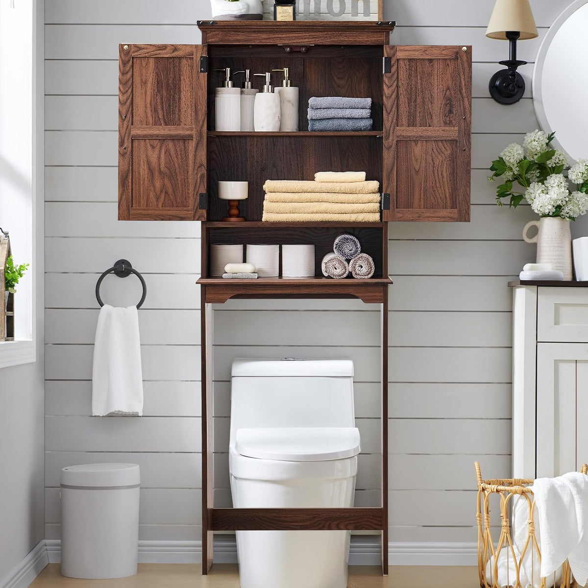 Over The Toilet Storage Cabinet, Farmhouse Bathroom Cabinet with Adjustable Shelf & Barn Door, 67" Tall Over The Toilet Shelf, Brown