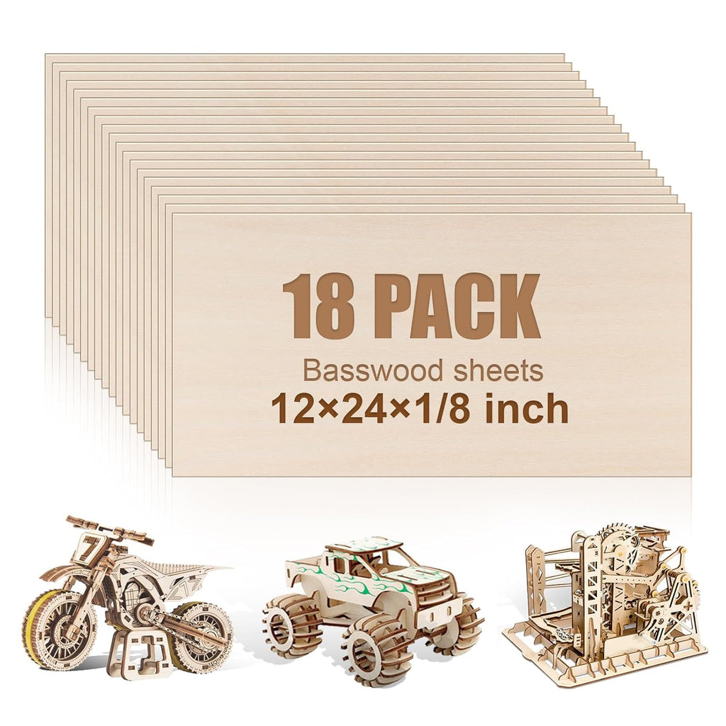 18 Pack 12x24x1/8 Inch Basswood Sheets, Large Size Basswood for Laser Cutting & Engraving, Plywood Wood Board Unfinished Wood Sheets for Crafts, DIY Architectural Models, Wood Burning and Painting.