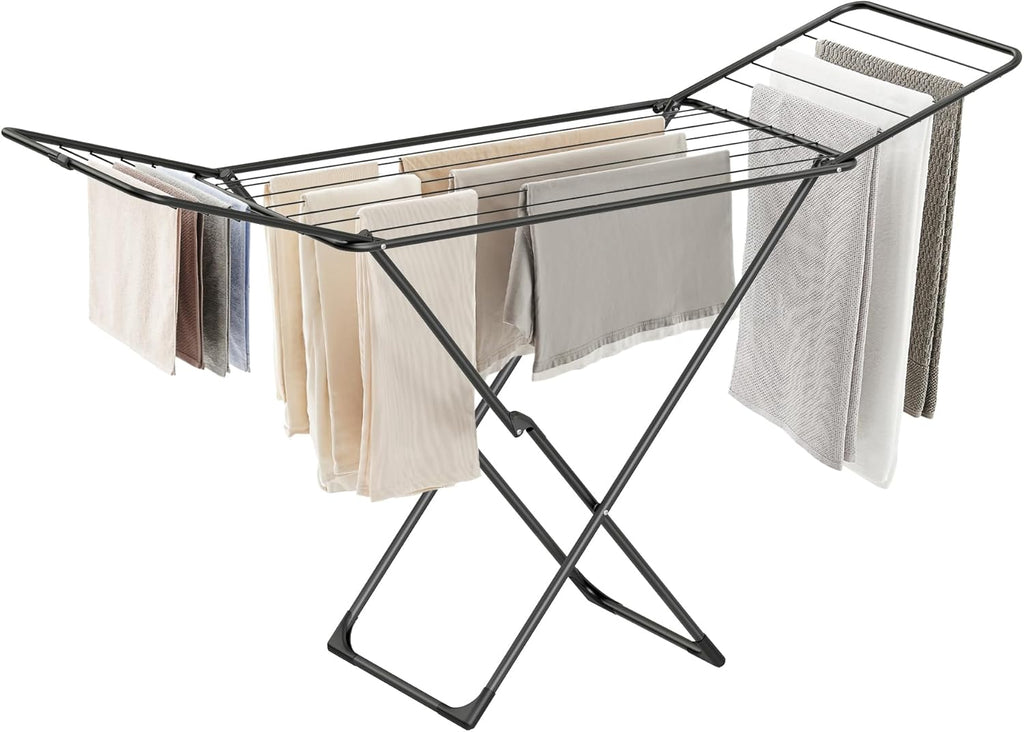 SONGMICS Clothes Drying Rack, Metal Laundry Drying Rack, Foldable, Space-Saving, Free-Standing Airer, with 2 Gullwings, Indoor Outdoor Use, Bed Linen Clothing, Black ULLR540B01