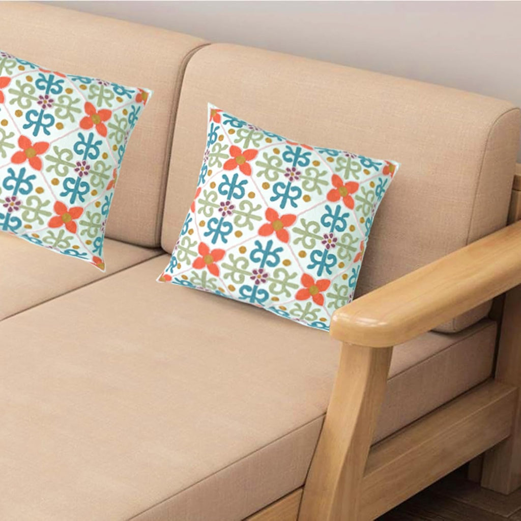 Embroidered Decorative Throw Pillow Cover, 18"x18" Set of 2, Farmhouse Pillowcase Colorful Flower Knit Pattern Cotton Canvas Cushion Case Square Floral Pillow Case for Sofa Couch Bed Living Room