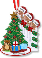 African American Peeking Family of 3 Ornament 2025 Personalized Family Christmas Ornaments 2025 Black Xmas Staircase Personalized Tree Ornaments for Grandchildren Siblings Grandkids of Three Ornament