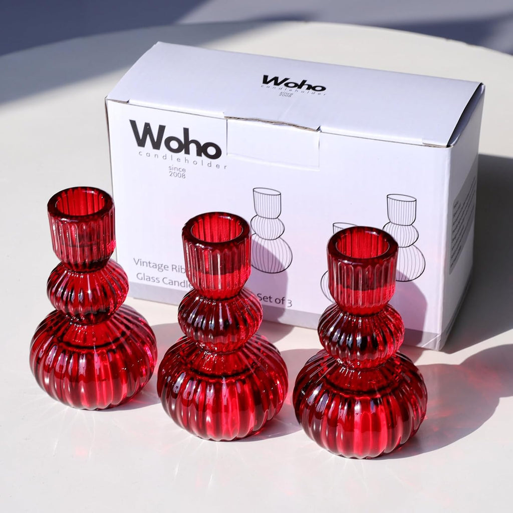 Woho Red Candlestick Holders Set of 3 for Christmas Decorations, 4.3" H Vintage Ribbed Taper Candle Holders for Dining Table, Glass Candle Sticks Holder Decor for Valentines Day/Patriotic Holidays