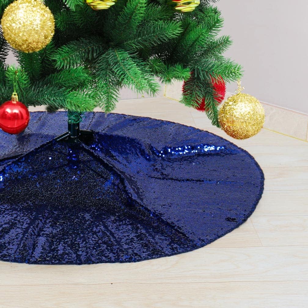 Partisout 48in Navy Blue Sequin Tree Skirt Glitter Colorful Christmas Skirts for Halloween Holiday Celebration Supplies