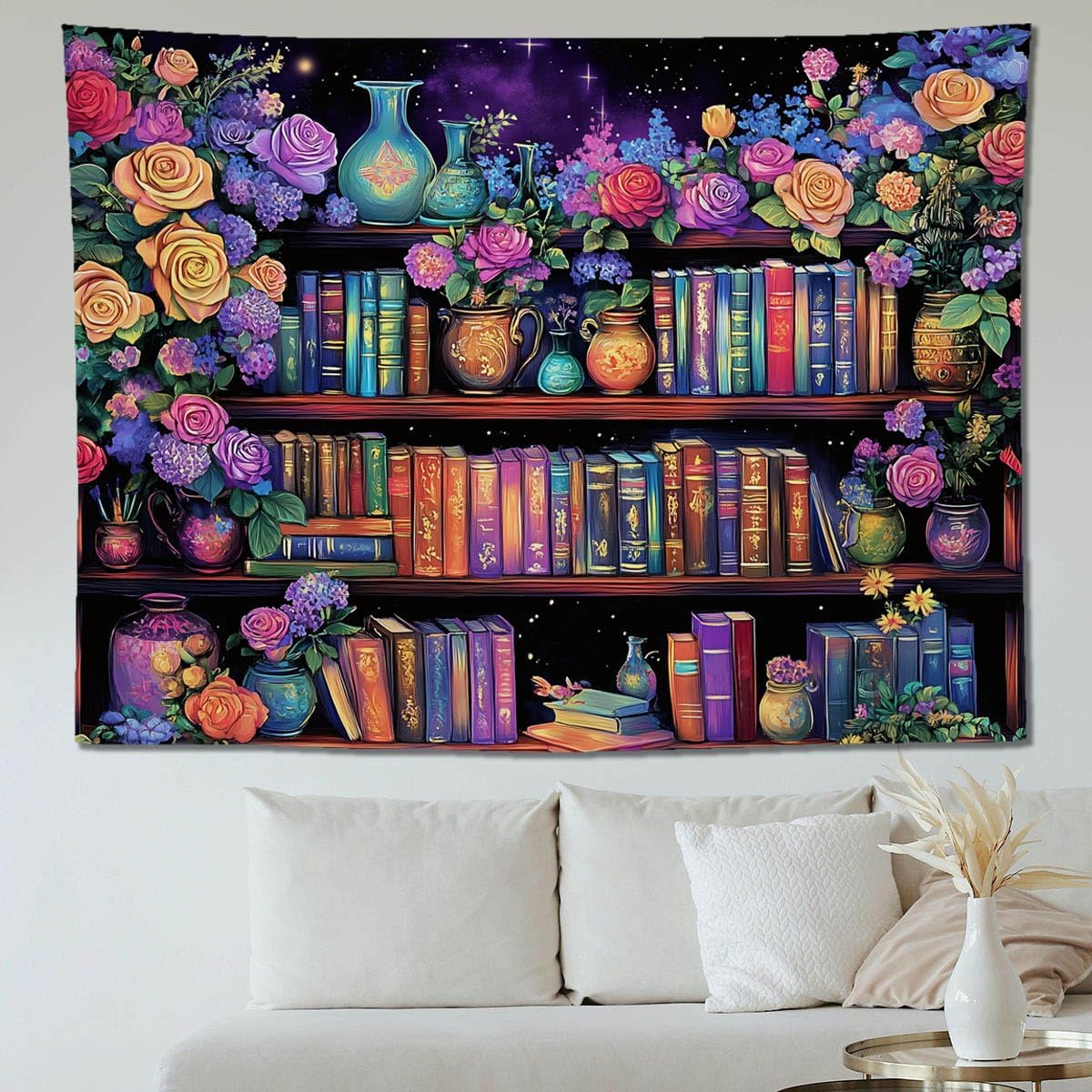 keowhsf Pink Purple Flower Bookshelf Wall Tapestry Colorful Tapestries for Bedroom Aesthetic Floral Tapestry Wall Hanging Cute Girl Bedroom Decor