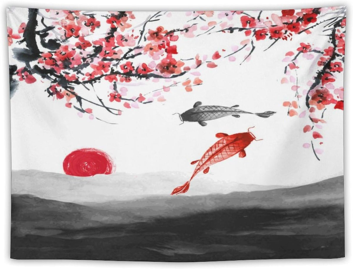Houselerax Japanese Koi Fish Tapestries, Cherry Blossoms Asian Oriental Flower Branch Koi Fish Carp Tapestry Wall Hanging for Bedroom Living Room Office Decor 60"x50"