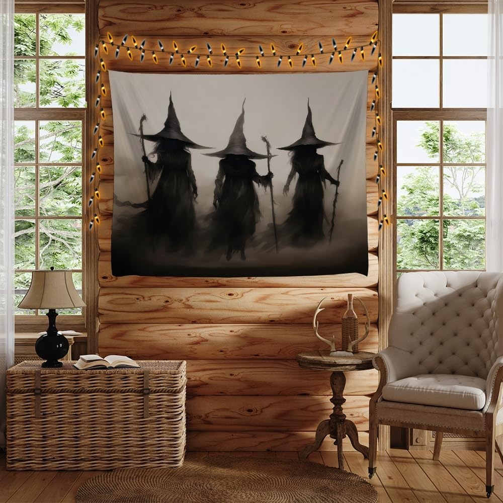 Witch Tapestry Witchy Halloween Decor Vintage Three Witches Bedroom Tapestries Retro Art Aesthetic Wall Tapestry for Bedroom Dorm Living Room white