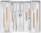 Lifewit Utensil Organizer for Kitchen Drawers, Expandable from 13‘’ to 22.4'', 15'' Depth, Plastic Cutlery Silverware Flatware Holder, Spatula Tools and Gadgets Storage, Large, White