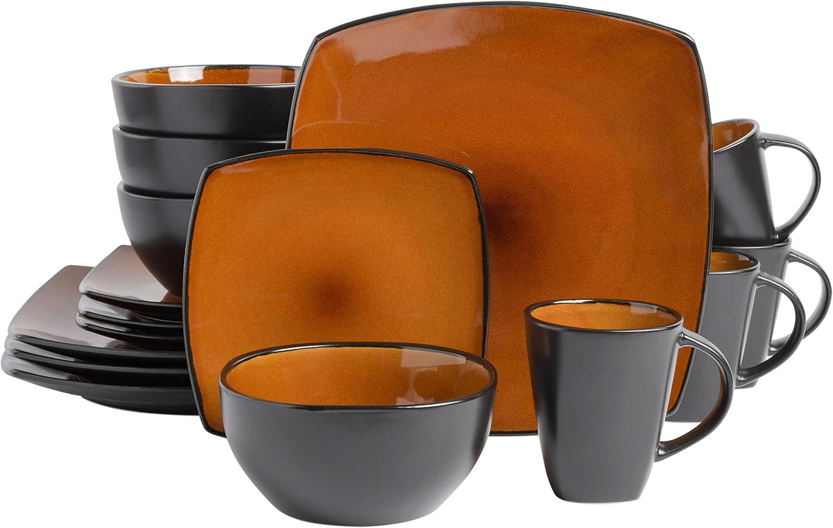 Gibson Elite Soho Lounge Square Reactive Glaze Stoneware Dinnerware Set, Service for 4 (16pc), Amber