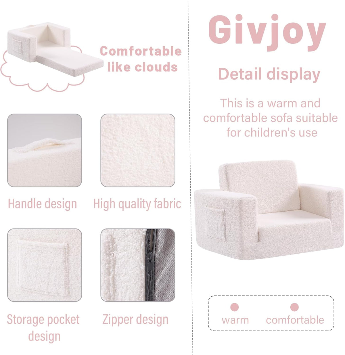 Toddler Chair Sherpa Kids Couch, 2-in-1 Soft Kids Sofa Lounger for Bedroom, Convertible Couch for Girls and Boys, Reading Chair, Beige