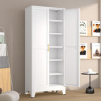 Metal Pantry Cabinet with 2 Doors and 5 Adjustable Shelves, 75" Kitchen Storage cabinets with Gold Handles, Versatile Storage for Laundry Room, Living Room, Bathroom, Dinning Room, Utility Room-White
