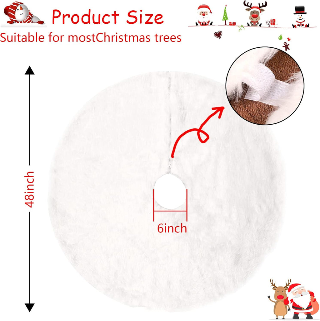 48 Inch Faux Fur Christmas Tree Skirt with Lights Soft Snow White Plush Tree Mat Christmas Decorations Fluffy Tree Skirts Xmas Holiday Party Indoor Decorations