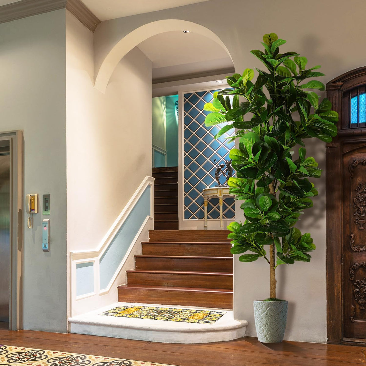 7.3ft Artificial Fiddle Leaf Fig Tree (87in) with Plastic Nursery Pot Faux Tree, Ficus Lyrata Fake Plant for Office House Farmhouse Living Room Home Decor (Indoor/Outdoor)