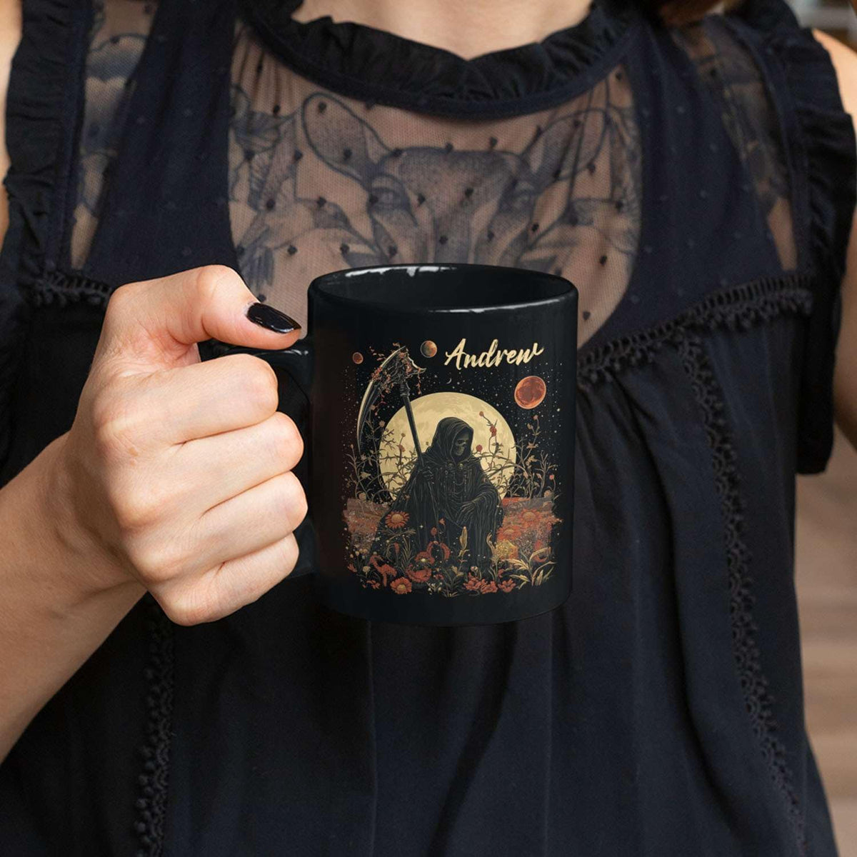 Custom Name Coffee Mug, Halloween Inspired Ceramic Cup 11oz 15oz, Personalized Spooky Reaper Coffee Cup, Halloween Character White Mug with Moon and Floral, Gifts for Men, Women