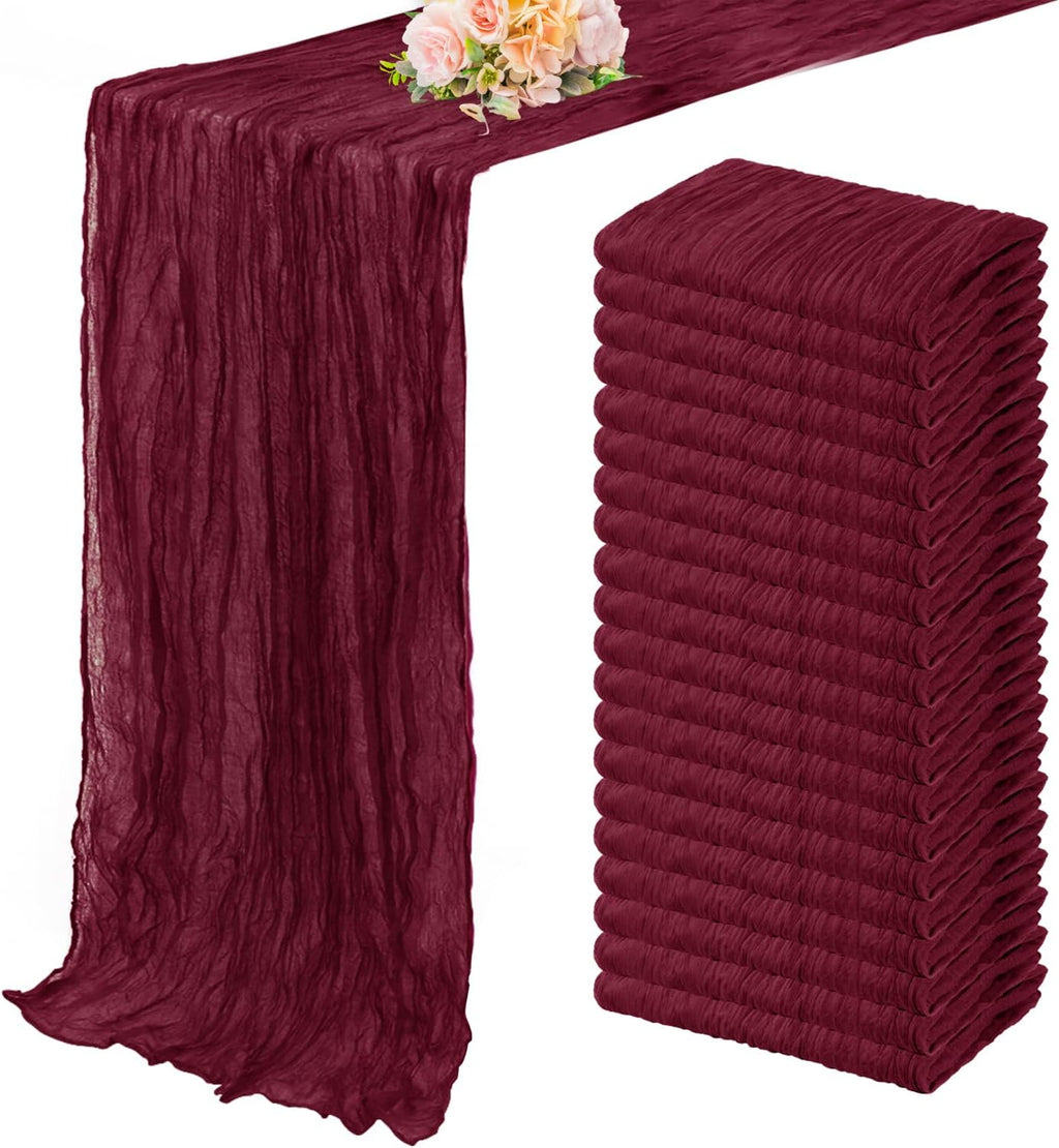 Burgundy 20 Pack Cheesecloth Table Runner 10FT Rustic Gauze Cheese Cloth Table Runner for Wedding Bridal Baby Shower Table Decor 20 x 120 Inch Long Boho Fabric Sheer Birthday Party Table Decorations