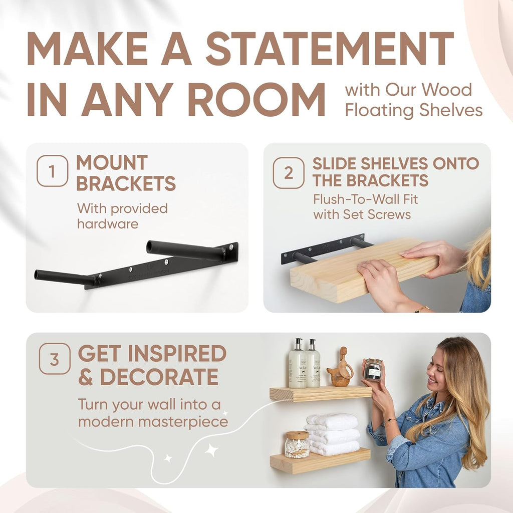 Homeforia Wood Floating Shelf 16 inch, High End Solid Natural Wood 16inch Floating Shelves for Wall Mounted, Unfinished Wooden Small Floating Shelves, Heavy Duty Bracket, 16 X 6.5 X 1.75 in, Set of 2