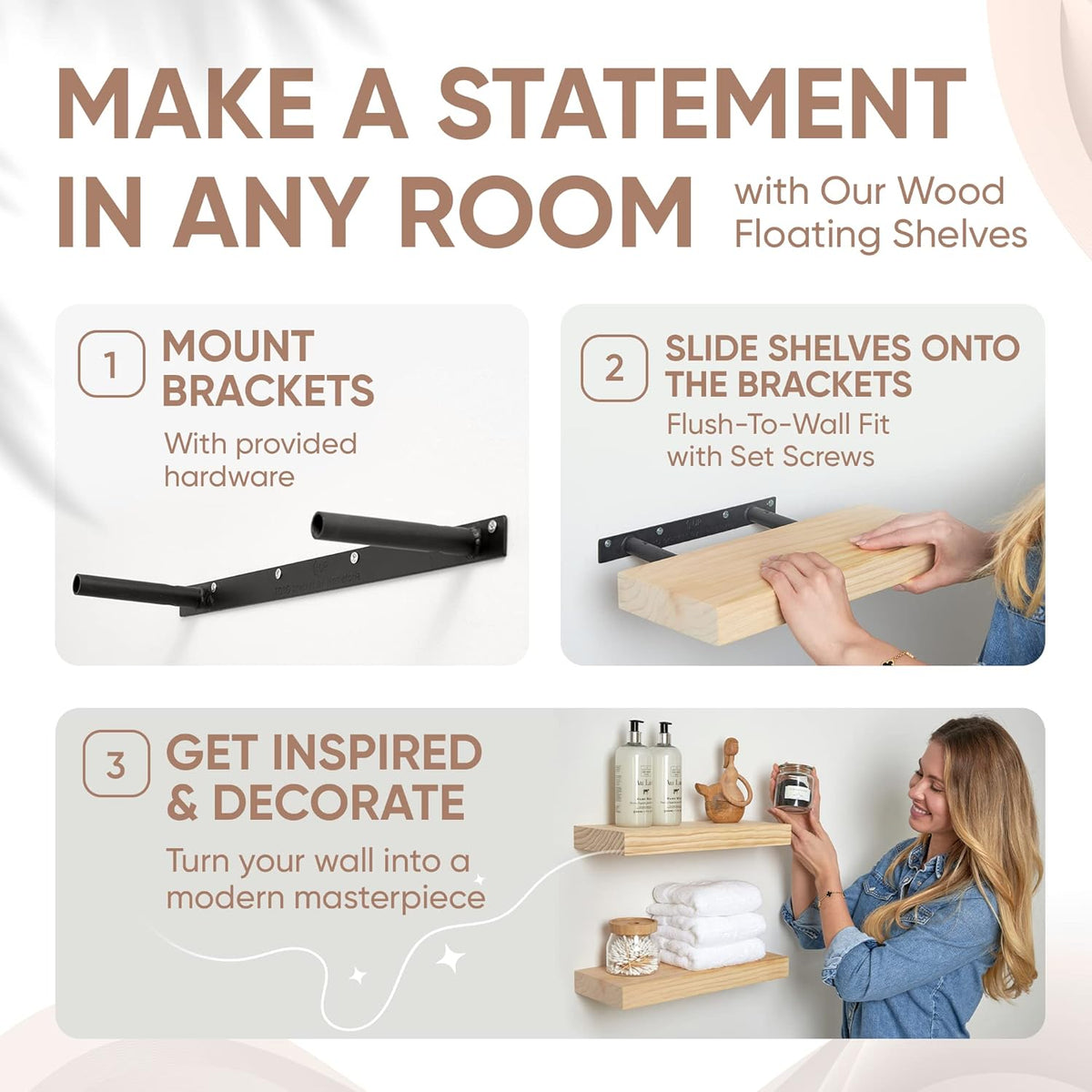 Homeforia Wood Floating Shelf 16 inch, High End Solid Natural Wood 16inch Floating Shelves for Wall Mounted, Unfinished Wooden Small Floating Shelves, Heavy Duty Bracket, 16 X 6.5 X 1.75 in, Set of 2
