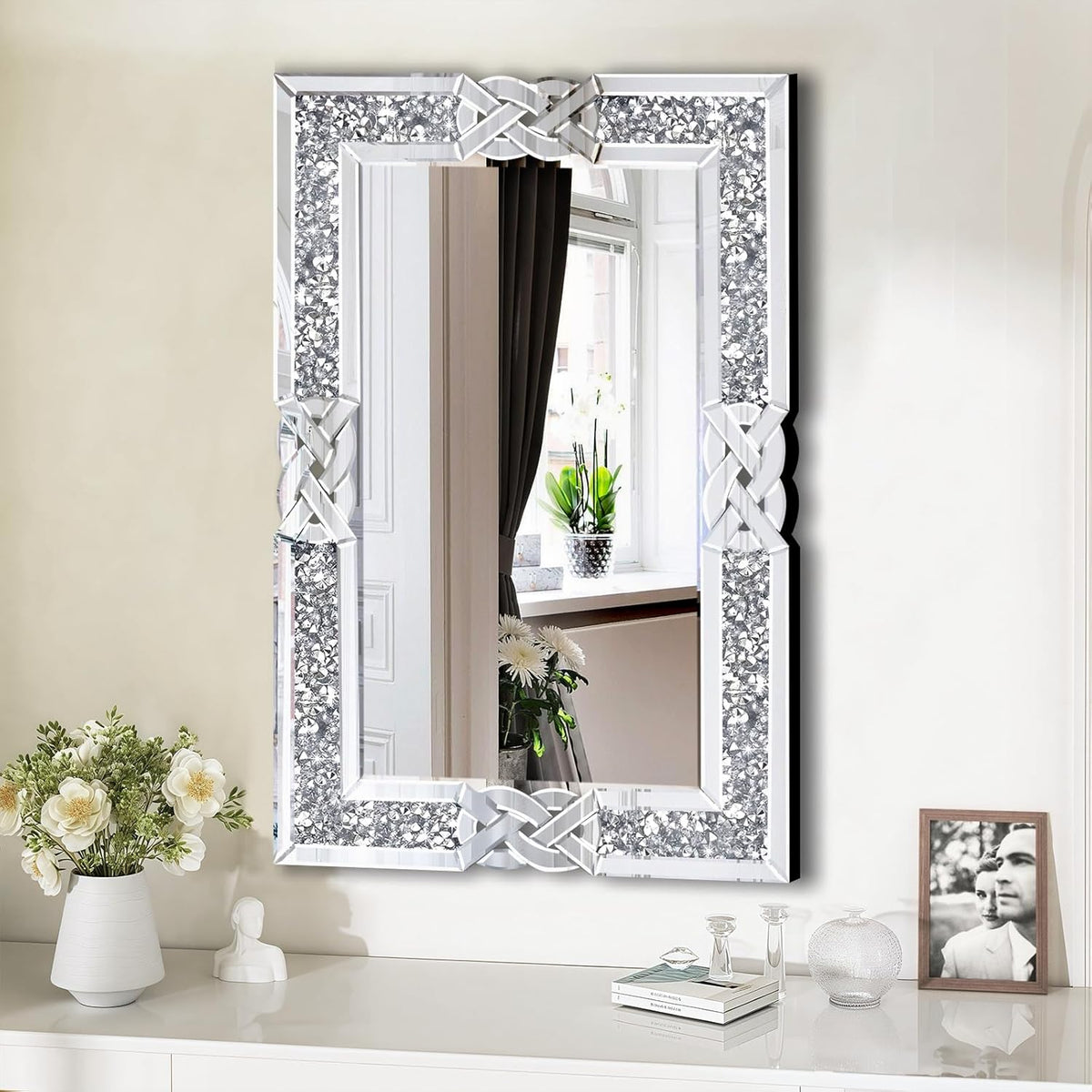 Crushed Diamond Decorative Wall Mirrors, 27.7x39.5 Inch Rectangle Living Room Mirrors for Wall Decor, Modern Glam Bathroom Dining Room Entryway Mirror Silver