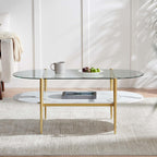 Oval Coffee Table, Mid-Century Modern Design, L41 x W21 x H17 inch, for Living Room, Clear Glass Top, White Marble Finish Wood Shelf & Gold Finish Frame