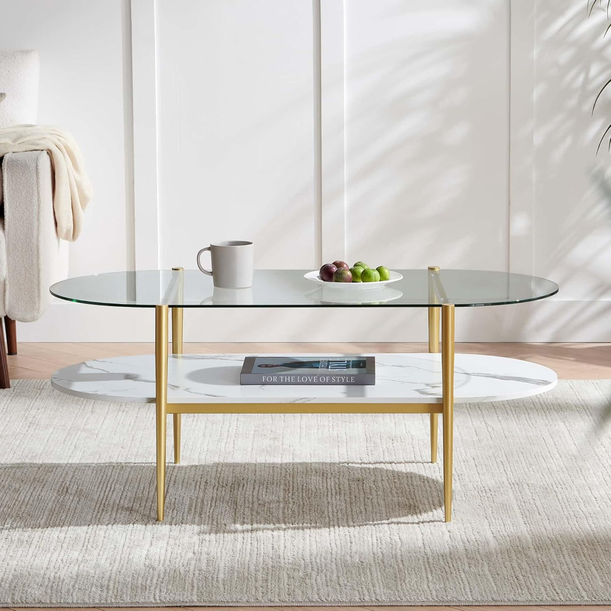 Oval Coffee Table, Mid-Century Modern Design, L41 x W21 x H17 inch, for Living Room, Clear Glass Top, White Marble Finish Wood Shelf & Gold Finish Frame