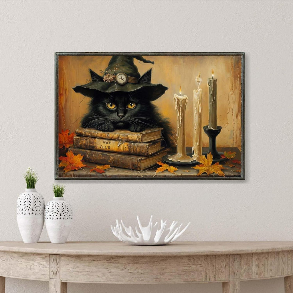 JFHCQJPK Vintage Halloween wall decoration black cat and magic book suitable for home bedroom living room decoration dark classic art witch wall decoration16x24in Metal blackFramed