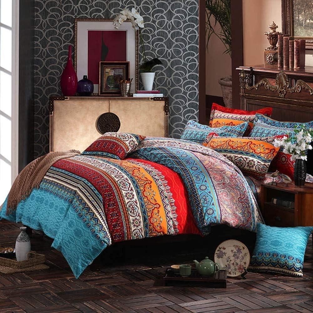 ABREEZE 3Pcs Bohemia Retro Bedding Ethnic Vintage Floral Duvet Cover Boho Bedding 100% Brushed Cotton Bedding Sets Damask Paisley Coloful Mandala Down Comforter Cover,King