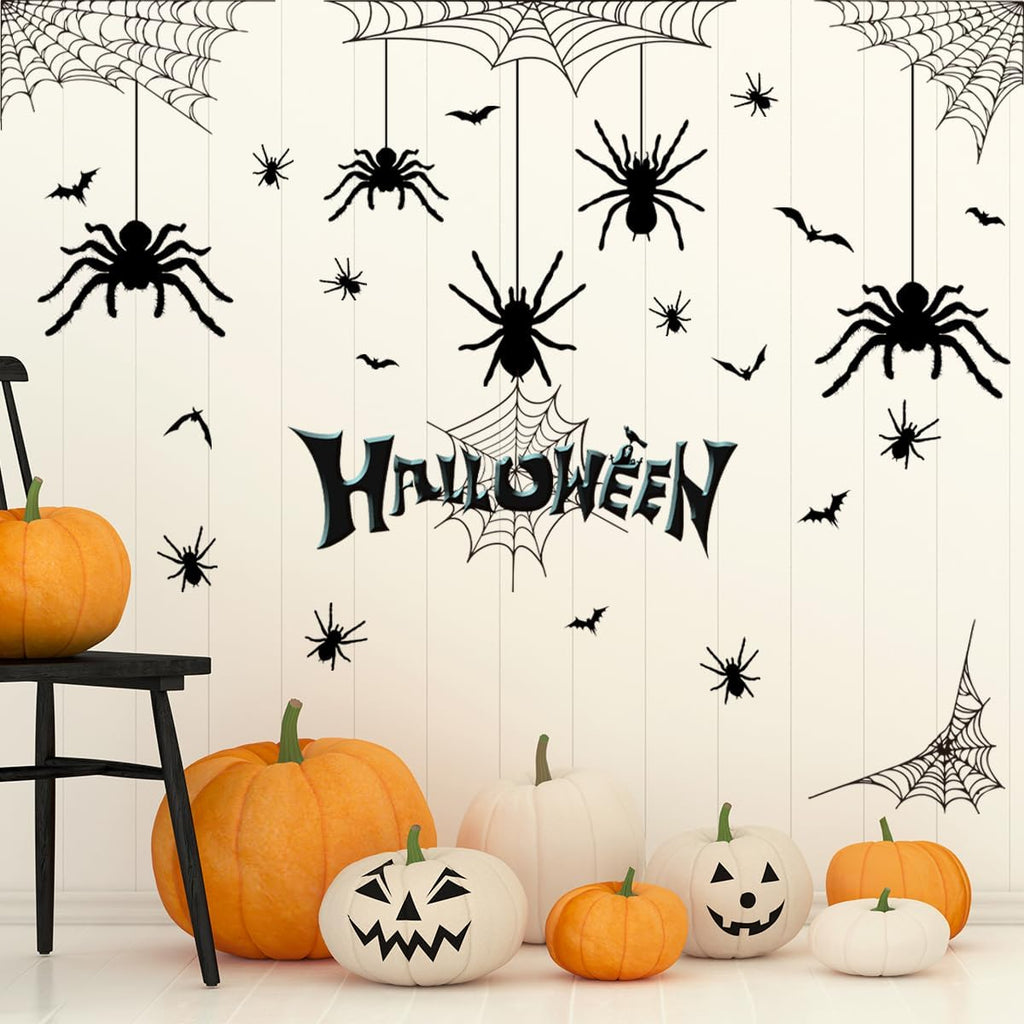 Halloween Spider Web Bat Patterns Wall Decals - Peel and Stick Removable Stickers for Scary Theme Party Decorations