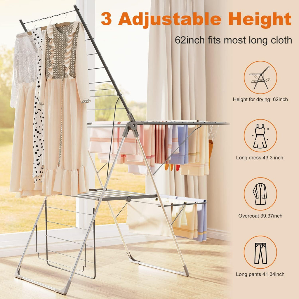 Bigzzia Clothes Drying Rack Foldable, 2-Level Large Laundry Drying Rack Collapsible, Stainless Steel Drying Rack Clothing for Indoor Outdoor, Easy to Fold, 33 Drying Rails, 142cm, Gray
